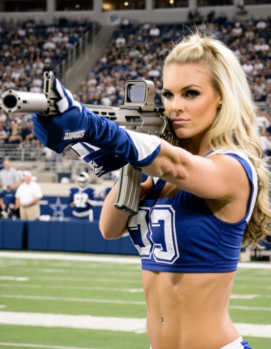 <lora:55D3434F21:1> a dallas cowboys cheerleader holding a rifle in her hands, aiming, in front of her face