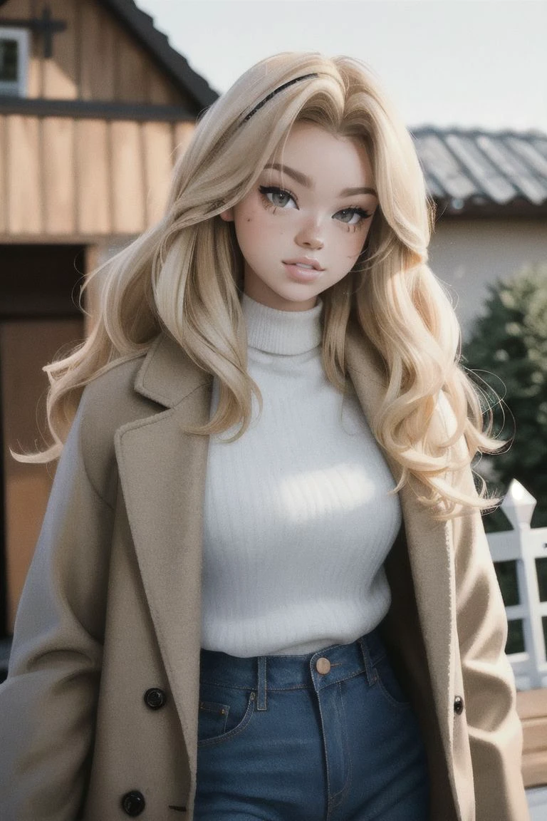 PA7_Photo, 360-Degree photography, close up headshot, MillaneF, blonde hair, wearing a flannel shirt and jeans, wool coat, sunny, Nikon D6, 135mm prime lens, Tracking shot, BREAK PA7_Portrait-HL, Slanted angle, Kodak Portra 160, Overexposed,