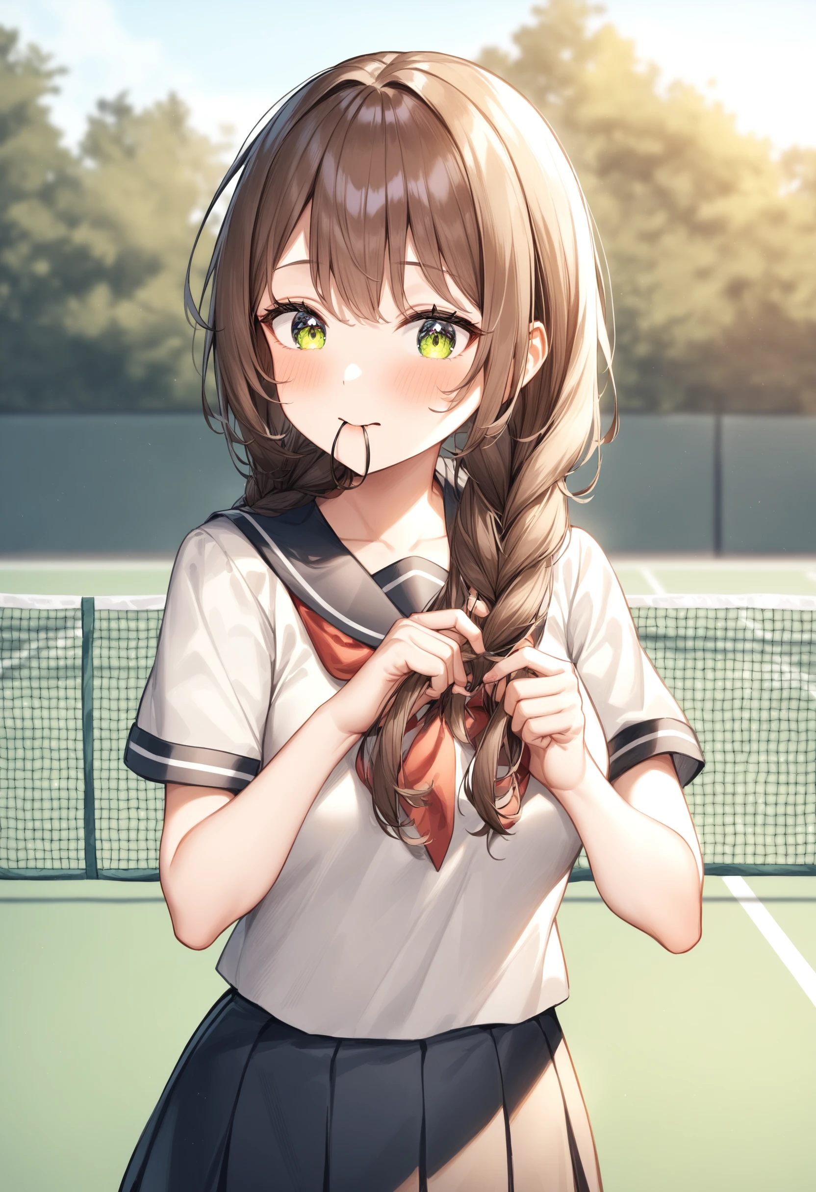 1girl, <lora:sdxl2-flat2-512b:-1>,medium breasts,school uniform,
<lora:braidinghair_XL_v1:0.8>braiding hair,twin braids, hairdressing, holding hair, tying hair, adjusting hair, hair over shoulder, hand in hair, hair tie in mouth,
from behind, cowboy shot, looking down, happy, tennis courts, open mouth,
masterpiece, best quality, very aesthetic, absurdres