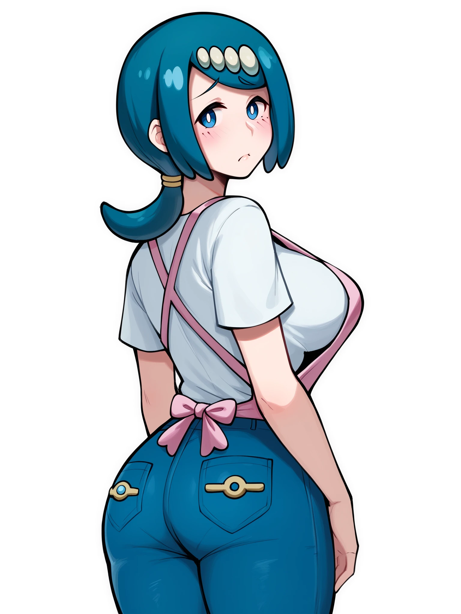 score_9, score_8_up, score_7_up, score_6_up, score_5_up, score_4_up,
BREAK
1girl, lana's mother \(pokemon\), blue hair, bob cut, ponytail, hair ornament, blue eyes, blush, pout,
BREAK
solo, standing, white shirt, jeans, large breasts, pink apron, looking back, flat ass,
BREAK
white background, simple background, angled shot, dynamic pose, dynamic angle, <lora:Lunas-Artsheops-SDXL-A1:1>