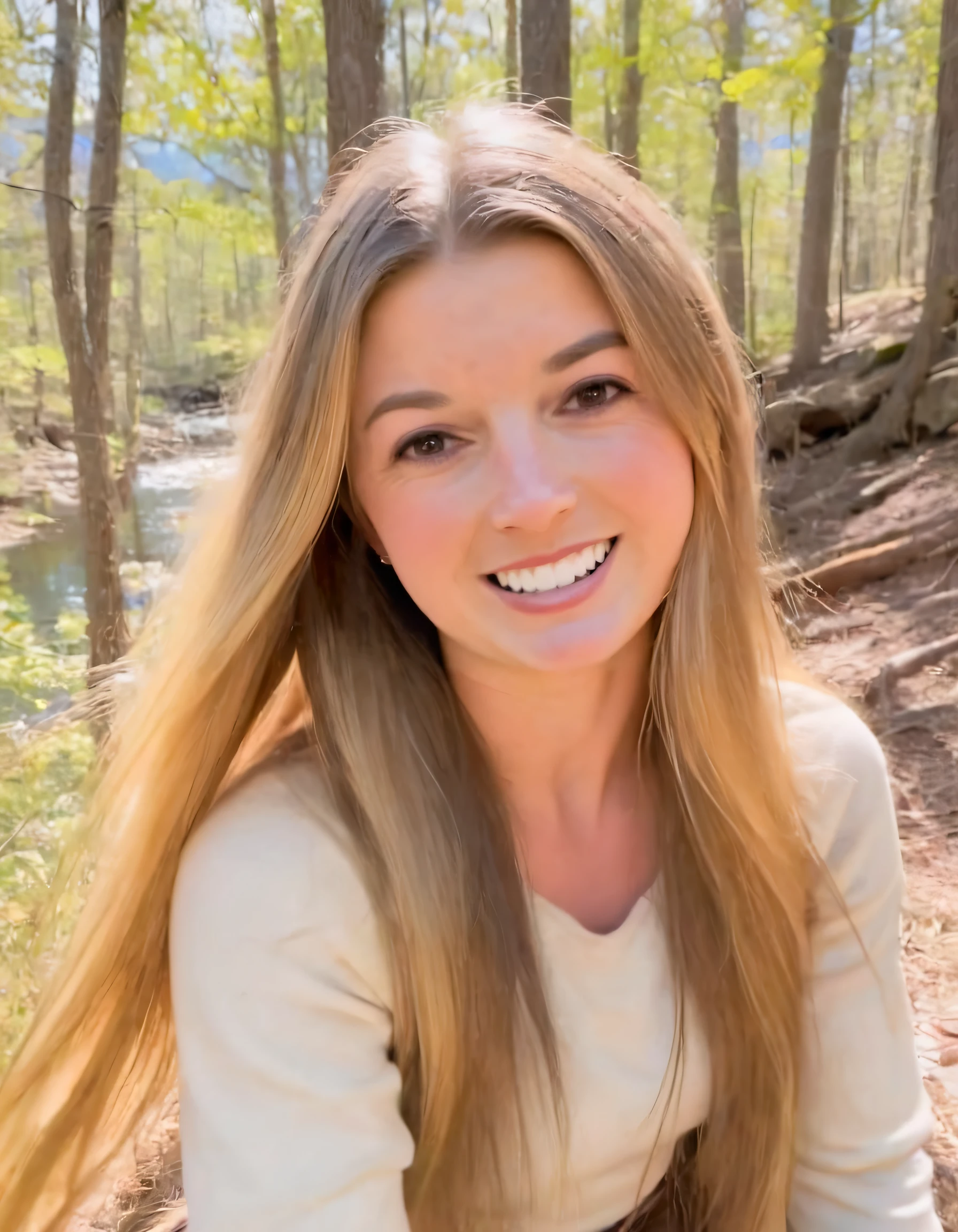 Hannah Barron, with her long golden locks cascading down to her shoulders and deep brown eyes radiating warmth, flashed a dazzling smile revealing pristine pearly whites as she playfully stared into the eyes of a curious onlooker while gazing out over an enchanting landscape dressed in vibrant colors, captivating the hearts of all who beheld this remarkable moment. <lora:ghjnym18e78d47966g294:1>