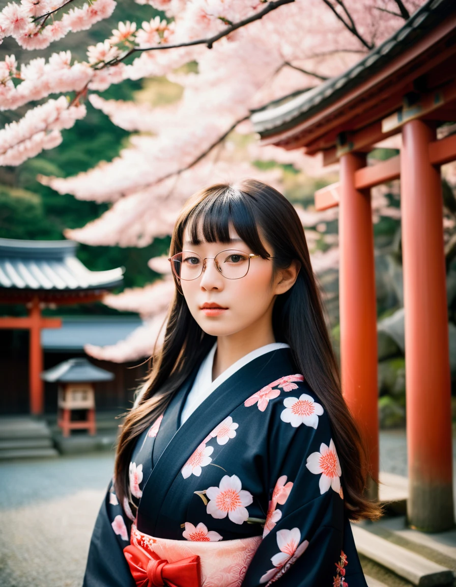 A realistic style portrait of a Japanese high school girl wearing a kimono and makeup, with long hair, standing in a shrine. Capture the intricate details of her black kimono's fabric, the subtle elegance of her makeup enhancing her youthful features, and her long hair styled traditionally. The shrine's serene atmosphere, with hints of torii gates and sakura trees in the soft background, complements her poised stance. Focus on the authenticity of her attire and the natural beauty of the setting,<lora:benben:0.85>,  taken by Hideaki Hamada using Pentax 67II and Kodak Portra, makeup, glasses