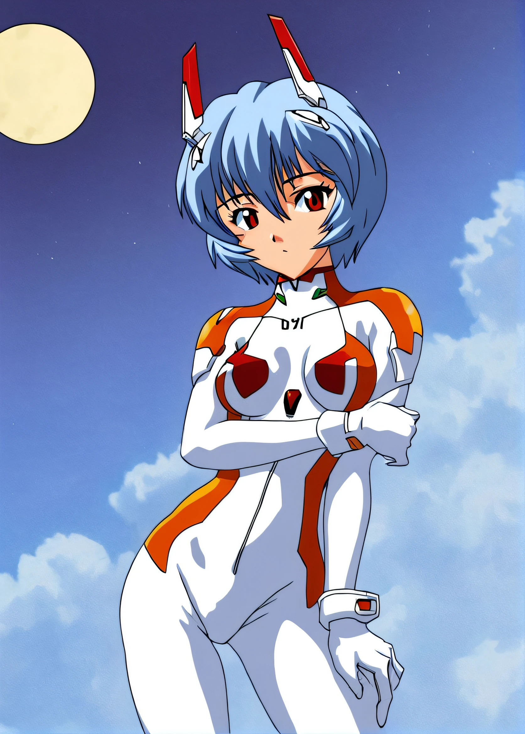 retro artstyle,old, <lora:Rei:0.9> 1girl,solo,breasts,looking at viewer,short hair,bangs,red eyes,gloves,hair between eyes,closed mouth,blue hair,standing,cowboy shot,medium breasts,bodysuit,turtleneck,huge moon,full moon,pilot suit,bracer,plugsuit,white bodysuit,skinny,holding own arm,hand on own arm,ayanami rei <lora:Anime_Enhancer_XL:1>