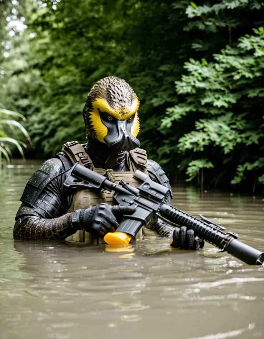 <lora:55D3434F21:1> a rubberduck in a body of water with a rifle, still from the movie predator, predator, ap, body shot, highlight, french special ops, special forces, intense look, awarded winning photo, beauty shot, breathtaking shot