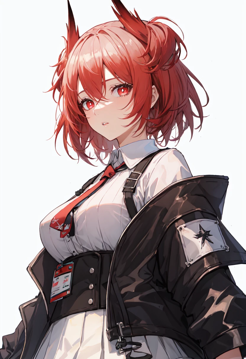 best quality, masterpiece, highres, solo, (fiammetta_arknights:1.10), 1girl, black jacket, collared shirt, id card, looking at viewer, open jacket, red necktie, white background, white shirt, black skirt, high-waist skirt, simple background, upper body, medium breasts, off shoulder, parted lips, closed mouth, 0 <lora:fiammetta_arknights:0.80>