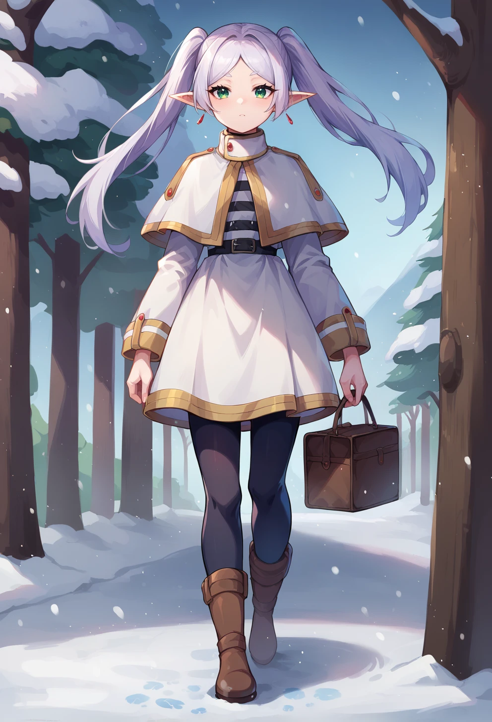 <lora:frieren_nereirfpnxl_pony_v2:1> score_9, score_8_up, score_7_up, score_6_up, BREAK
source anime, nereirfpnxl, frieren, 1girl, snow, pointy ears, twintails, green eyes, boots, outdoors, elf, long hair, white capelet, solo, winter, white hair, brown footwear, footprints, white dress, long sleeves, bangs, looking at viewer, parted lips, snowing, parted bangs, standing, tree, walking, day, black pantyhose