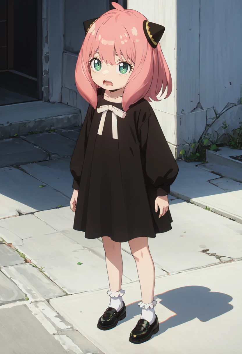 best quality, masterpiece, highres, solo, (anya_forger_spyxfamily:1.10), 1girl, black dress, *****, full body, hairpods, shoes, white socks, black footwear, bobby socks, open mouth, standing, shadow, white ribbon, anime_style, 13 <lora:anya_forger_spyxfamily:0.80>