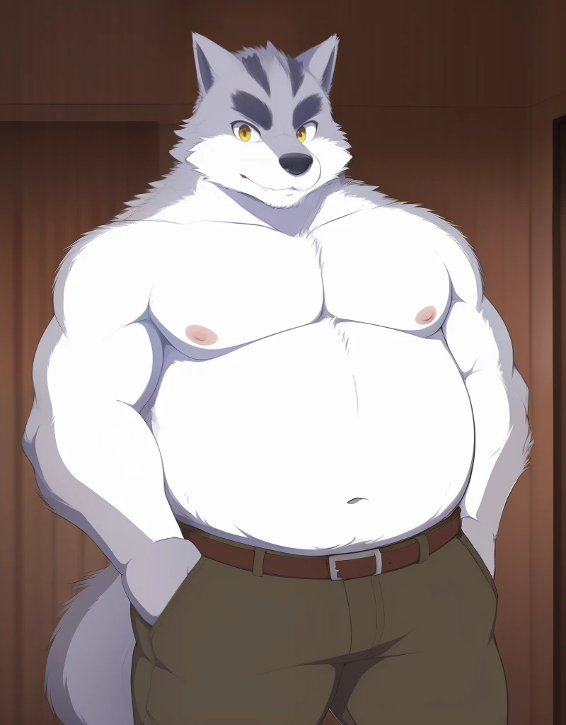 (((detailed eyes, detailed face))), (furry, arashi <lora:character_arashi_findigo_v1:0.8>, two-tone fur, grey fur, dog boy, snout, yellow eyes), male, (solo), (plump, fat, chubby, overweight), (brown pants, topless), standing, (arms behind back), smile, (front view) BREAK (konzaburou, ukan_muri, cute), bedroom, (flat shading, high brightness), 8k, UHD, masterpiece, (full body)