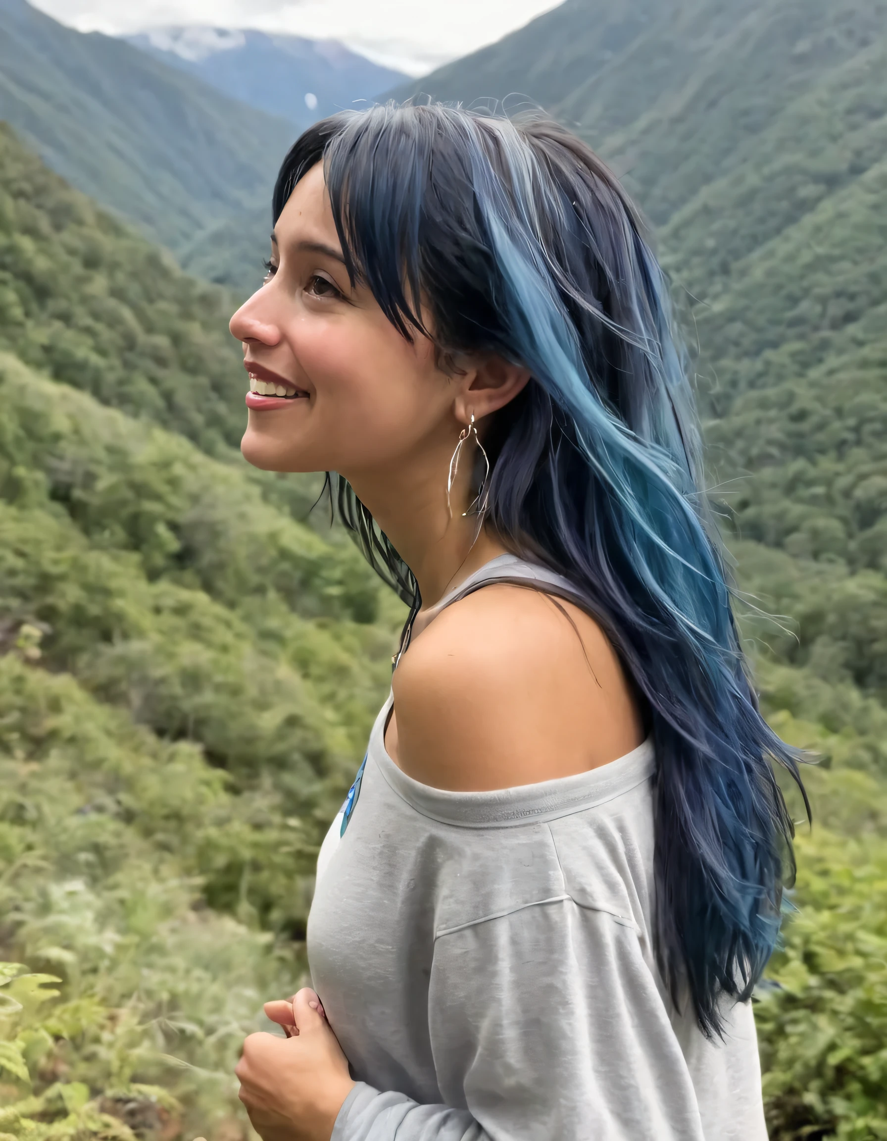 Ally Purugganan, with her distinct blue-streaked hair flowing down her back and a warm smile accentuated by simple yet charming earrings, embarks on a solo adventure through the scenic wilderness; as she hikes along, taking in the breathtaking view that surrounds her, it's evident how each step reveals her profound connection to nature, ultimately leaving behind memories of both personal growth and the endless beauty that Mother Earth provides. <lora:vltvis18e8546c26ege8:1>