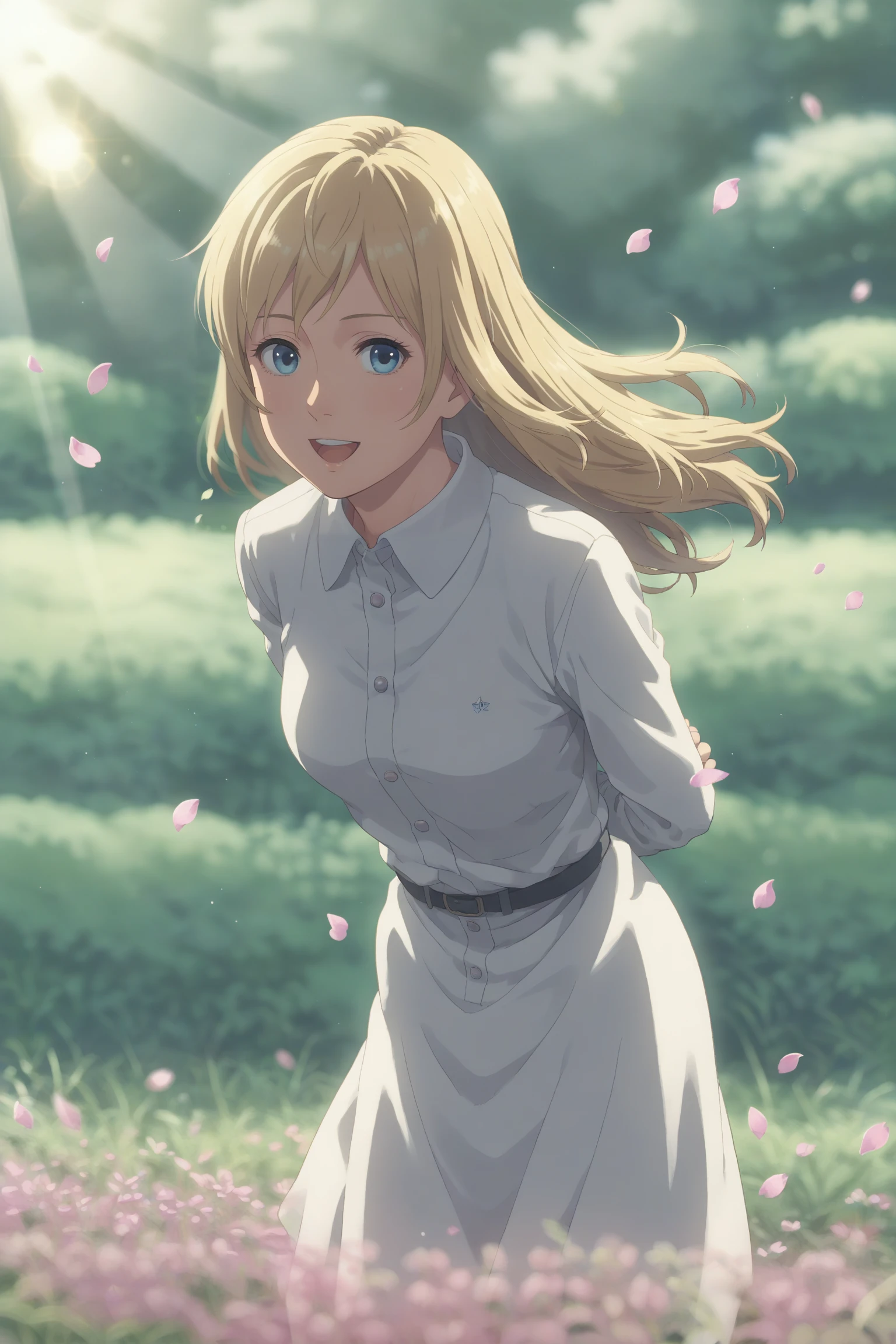 score_9, score_8_up, score_7_up, score_6_up, score_5_up, score_4_up, BREAK
<lora:KotonohaNoNiwaStyleXL-v2-08:0.7>, chopiokotonoha, 1girl,
blonde hair, long hair, blue eyes, (looking at viewer:1.3),
medium breasts,
linen dress, buttons, long sleeves,
sunny, sunlight, light rays, lens flare, (depth of field:1.3), bokeh,
outdoors, field, grass, flowers, petals, hills, wind, floating hair, smile, happy, open mouth, arms behind back, leaning forward,