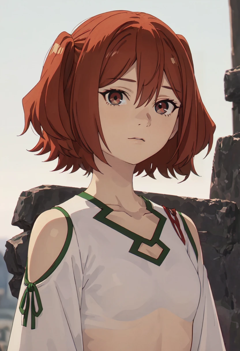 best quality, masterpiece, highres, solo, (kanne_sousounofrieren:1.10), 1girl, blurry background, closed mouth, collarbone, shoulder cutout, white shirt, outdoors, upper body, day, hair between eyes, looking at viewer, anime_style, 4 <lora:kanne_sousounofrieren:0.80>