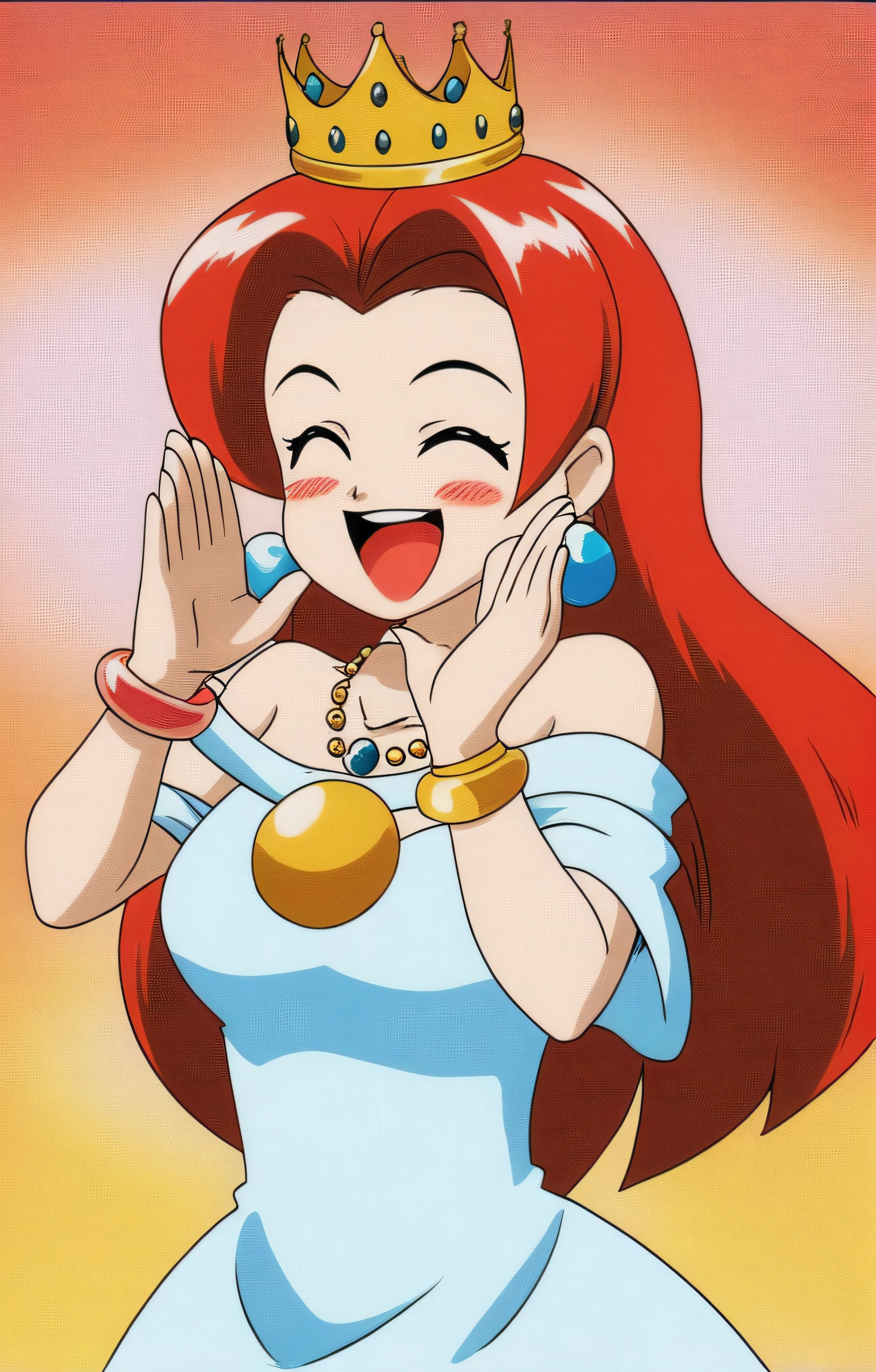 <lora:Jessie:0.7> <lora:Anime_Enhancer_XL:0.7> (oldest,retro artstyle),1girl,solo,long hair,blush,smile,open mouth,red hair,dress,bare shoulders,jewelry,closed eyes,earrings,necklace,off shoulder,bracelet,^_^,happy,crown,ojou-sama pose,jessie (pokemon)