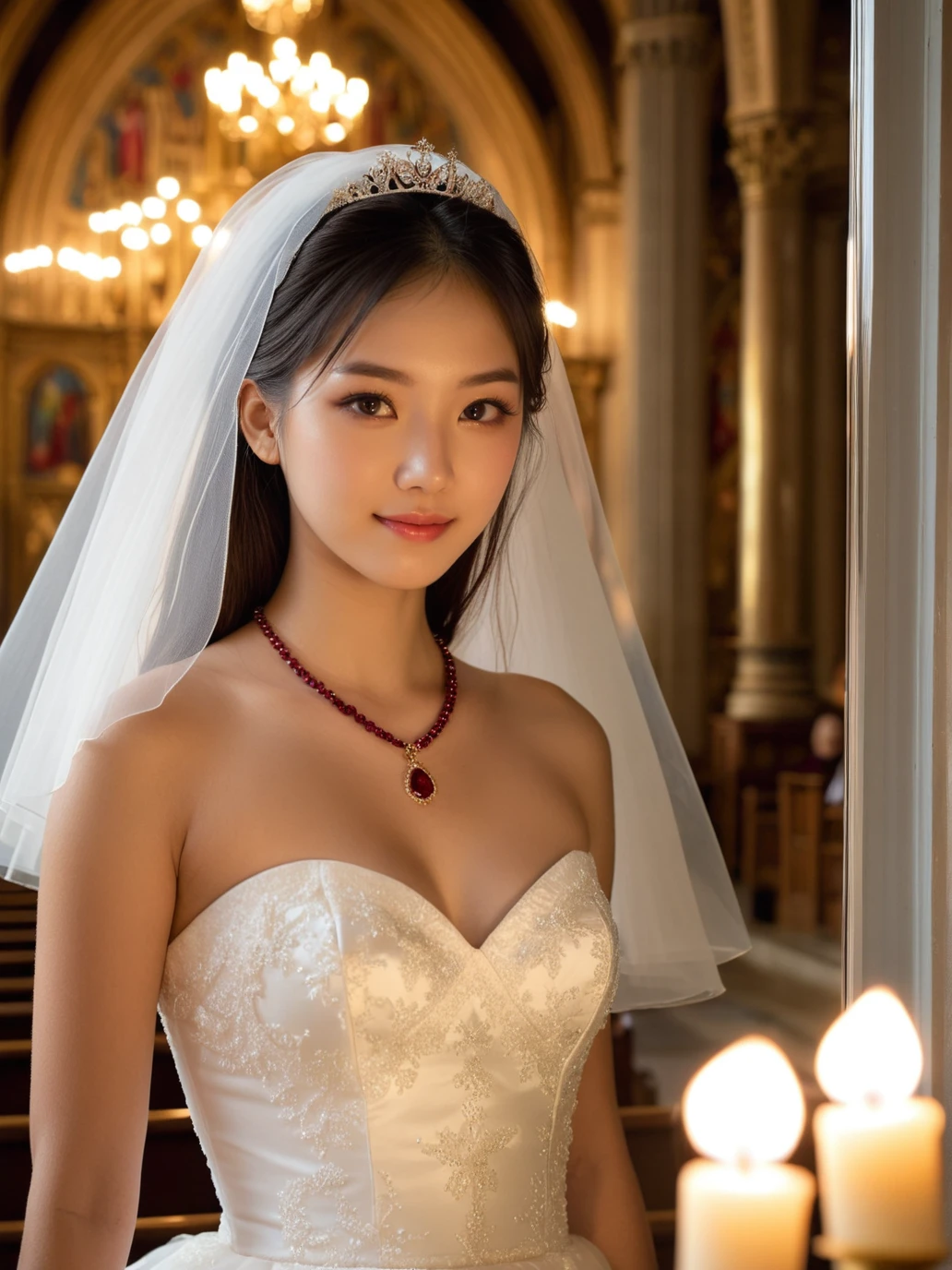 18 y.o slender france|japanese girl,(highly clear face,very cute,Extremely cure beauty,Sexy self-confidence,proud and independent,Clear perfect eyes,phenomenal aesthetic,Amazing photos),close-up,cinematic_angle,Cinematic Lighting,golden moment,skirt,strapless skirt sexy wedding dress,(mirror wall brilliant church interior, candlelight, fractal image:1.1),(smile:0.7),narrow_waist,slender face,ruby necklace,veil,