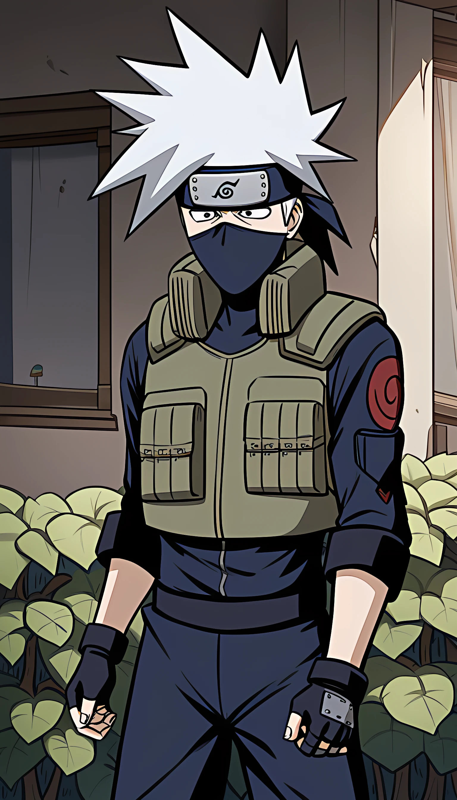 masterpice, best quality,kakashi,solo,long sleeves,1boy,confused expression,,jacket,white hair,male focus,black gloves,pants,fingerless gloves,black eyes,vest,mask,spiked hair, art by team_rwby and cyancapsule,mouth mask,forehead protector,ninja, detailedengaging in small talk,,mushroom grove background,a decrepit, abandoned mansion with boarded-up windows and overgrown ivy,devilish