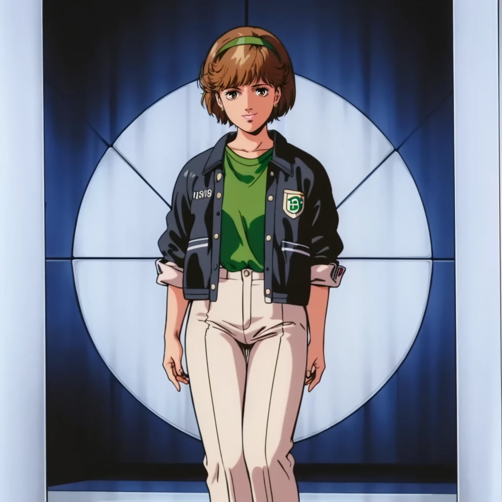 <lora:MZ2TakanakaYui001:0.7>,looking at viewer,smile,
solo,
MZ2YahagiYui,1girl,brown hair,short hair,brown eyes,retro artstyle,1980s (style),
hair band,
black jacket,green shirt,
white pants,
full body,standing,