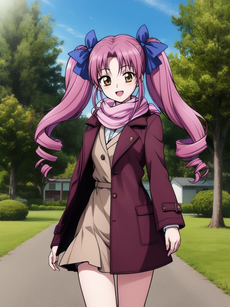 <lora:MIMI_HTS:0.8> MIMIHTS, 1girl, soro, pink hair, twintails, long hair, hair ribbon, brown eyes, drill hair,
scarf, coat, shoes, happy, standing, looking at viewer, cowboy Shot,
masterpiece, high quality, very_high_resolution, large_filesize, full color,