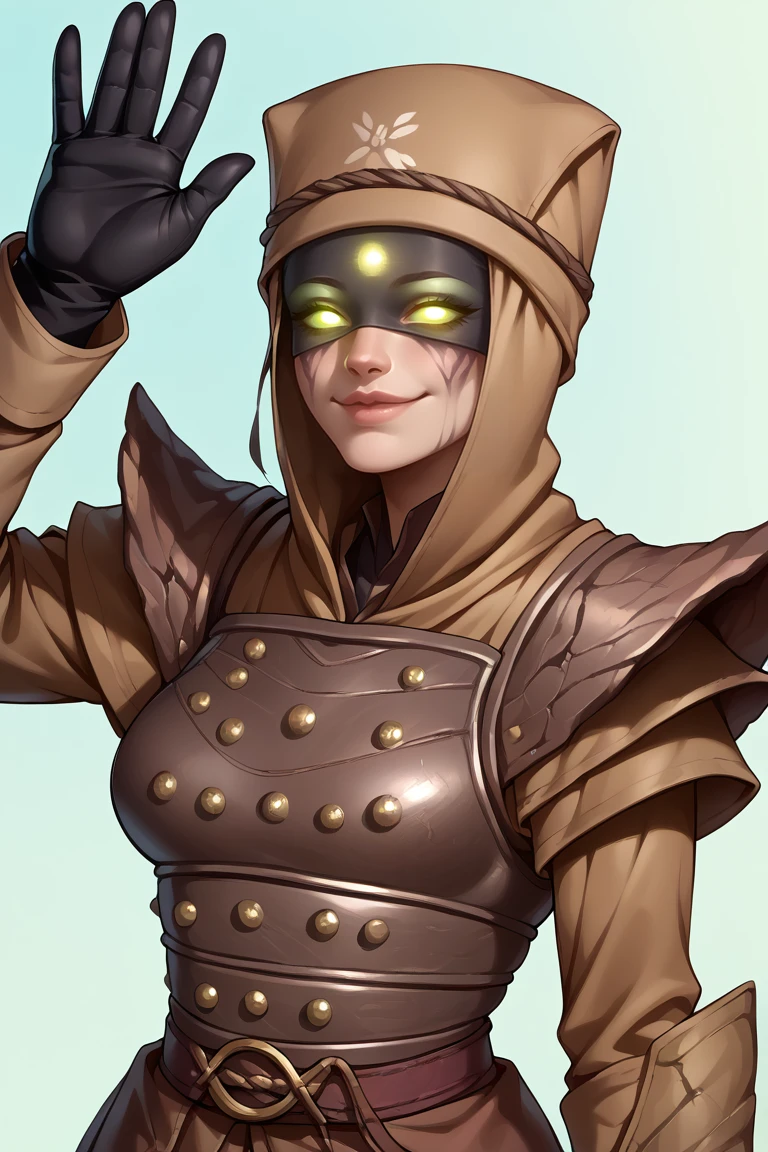 score_9, score_8_up, score_7_up, BREAK, 1girl, solo, breasts,  <lora:erismorn-guy-PONYv1:1>, erismorn, glowing eyes, makeup, hat, armor, gloves, waving, light smile, upper body, portrait,