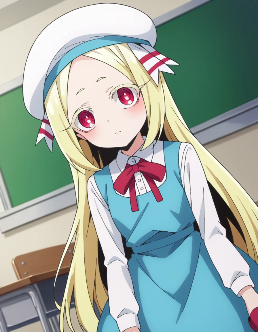 score_9, score_8_up, score_7_up, source_anime,
morinokorisu, <lora:morino-korisu-ponyxl-lora-nochekaiser:1>
morino korisu, long hair, blonde hair, red eyes, very long hair, bright pupils,
shirt, long sleeves, hat, dress, white shirt, pantyhose, shoes, blue dress, beret, white headwear, red footwear, mary janes,
indoors, classroom,
looking at viewer, dutch angle, cowboy shot