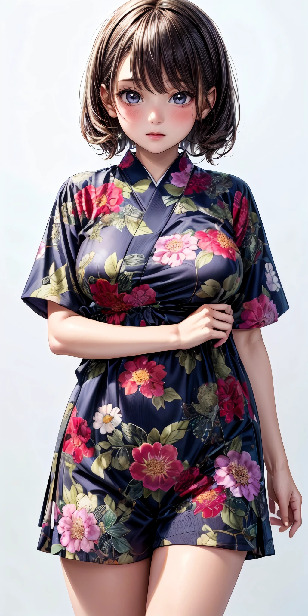 (masterpiece,ultra-detailed,best quality,8K,CG,illustration,shaved:1.0),1girl, <lora:more_details:1> ,kawaii,beatifull face, simple background , cowboy shot <lora:jyoji fuku v10:0.4> jyojifuku, floral print, short sleeves <lora:lyp v1:0.2> lkp, breasts