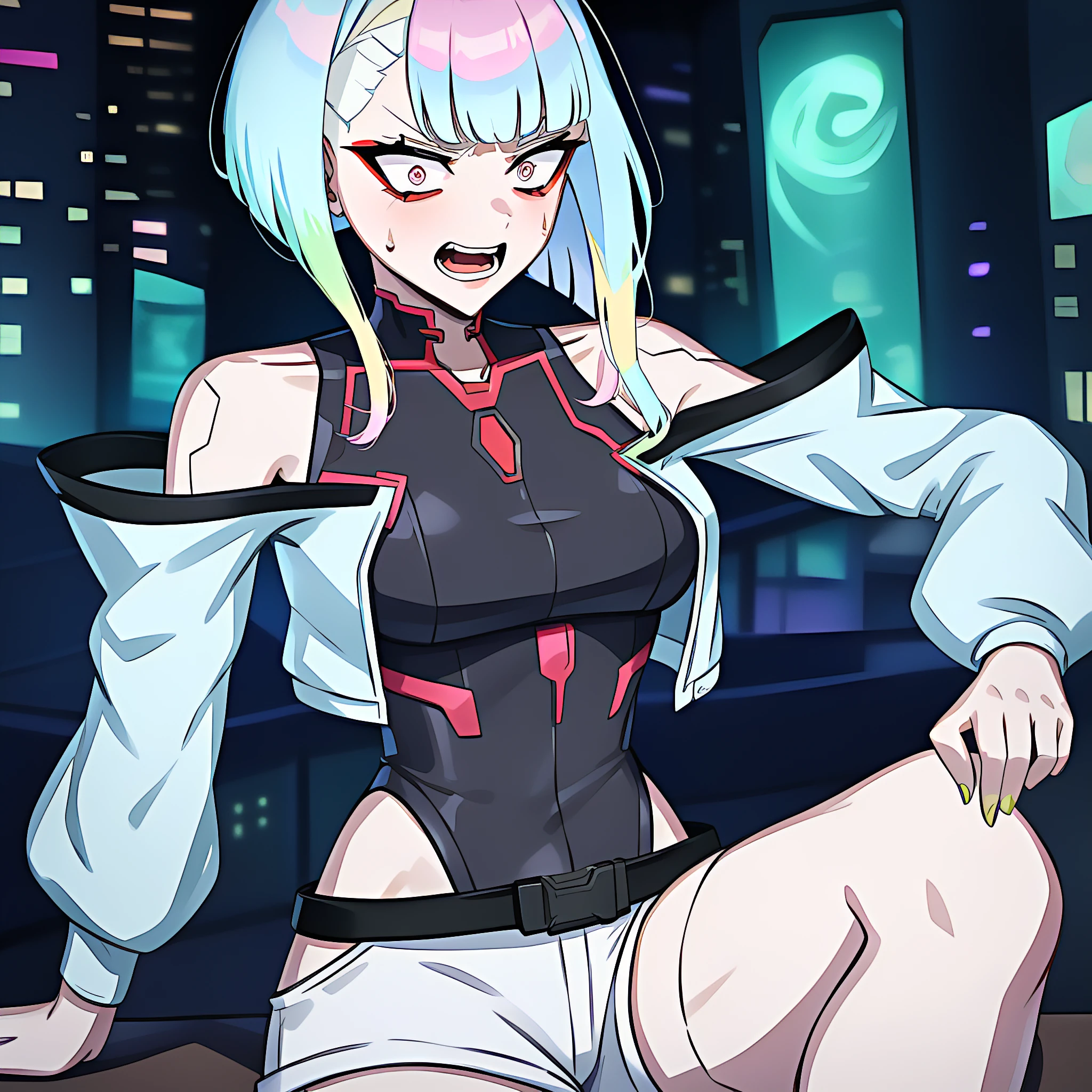 ((1 girl:1.4)), ((masterpiece)),absurdres, highres, best quality, (blush:1.3), ratatatat74, masterpiece, best quality, highres, lucy \(cyberpunk\), thighs, serious face, abs, indoors, fighting stance, detailed face, detailed eyes, thick outlines, comics, masterpiece:1.2, bare shoulders, belt, black belt, black leotard, black pants, blurry, bob cut, breasts, building, clothing cutout, cropped jacket, cyberpunk, depth of field, from side, gradient eyes, grey eyes, grey hair, holding, holding cigarette, jacket, leotard, lips, long sleeves, looking afar, looking ahead, mechanical parts, medium breasts, multicolored eyes, multicolored hair, night, night sky, off shoulder, open clothes, open jacket, outdoors, pants, parted lips, railing, red eyeliner, science fiction, short hair with long locks, short shorts, shorts, sidelocks, solo, standing, teeth, thigh cutout, upper teeth only, white jacket, white shorts, cyberpunk \(series\), cyberpunk edgerunners