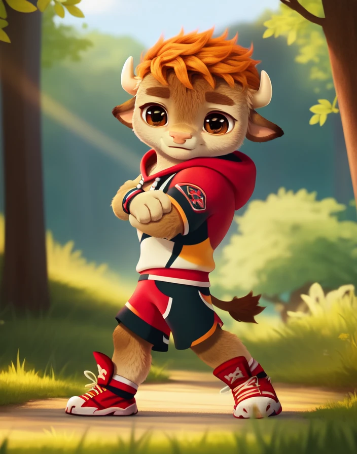 <lora:RonBisonCartoonYif:0.9>    RonBisonCartoon,    red hair, brown eyes, red sports sweatshirt, black and red fitness bracelet, red sneakers with white soles,
 solo,   looking at viewer, fighting stance
(beautiful, aesthetic, perfect, delicate, intricate, masterpiece, )  textured fur, [The sun is shining, nature, forest, river, trees, grass, road, sky with clouds,]  
by asnnonaka, by reysi, by ikiki  by silverfox5213,