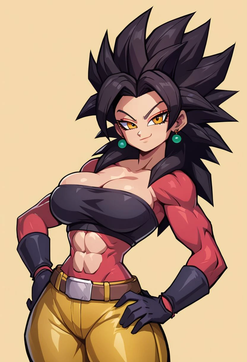 score_9, score_8_up, score_8, cute, curvy, 
Super_Saiyan_4_Caulifla, solo focus, hand on hip, belt, black hair, earrings, black crop top, breast press, black gloves, yellow pants, genderswap, yellow background, smile, smug, 
cowboy shot,