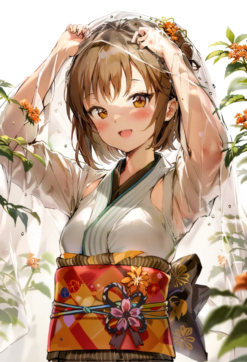 masterpiece, best quality, <lora:anmiXL_ANI31_lokr_V2233:0.95> 1girl, solo, brown hair, kimono, flower, bangs, smile, japanese clothes, long sleeves, veil, wide sleeves, blush, obi, sash, white kimono, white background, upper body, blurry, looking at viewer, brown eyes, depth of field, open mouth, short hair, blurry foreground, hair ornament, see-through, :d, arms up, orange flower, simple background