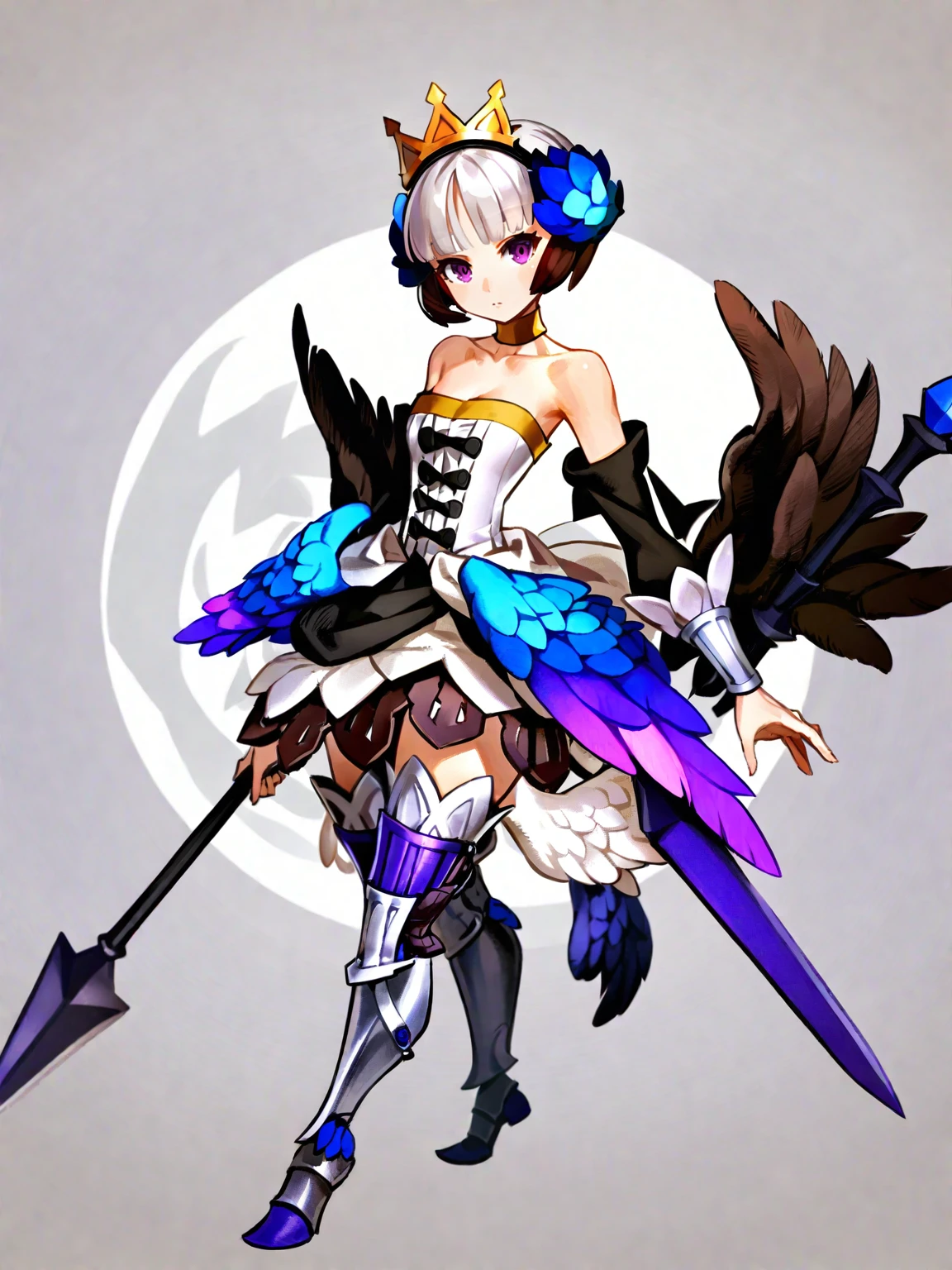 gwendolyn, 1girl, solo,strapless dress, strapless, low wings, multicolored wings, multiple wings, armored dress, crown, thighhighs, choker, bare shoulders, boots, spear, white background, thigh boots, detached sleeves, simple background, short hair, full body, standing, hair ornament, white hair, bangs, purple eyes, head wings, looking at viewer, greaves, feathered wings, holding weapon,masterpiece,best quality,very aesthetic,absurdres