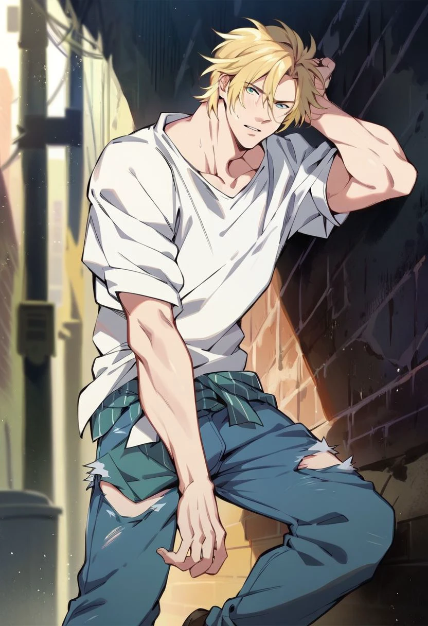 score_9, score_8_up, score_7_up, cs1crow, 1boy, solo, 1boy, blonde hair, green eyes, white shirt, blue torn pants, alley, looking at viewer