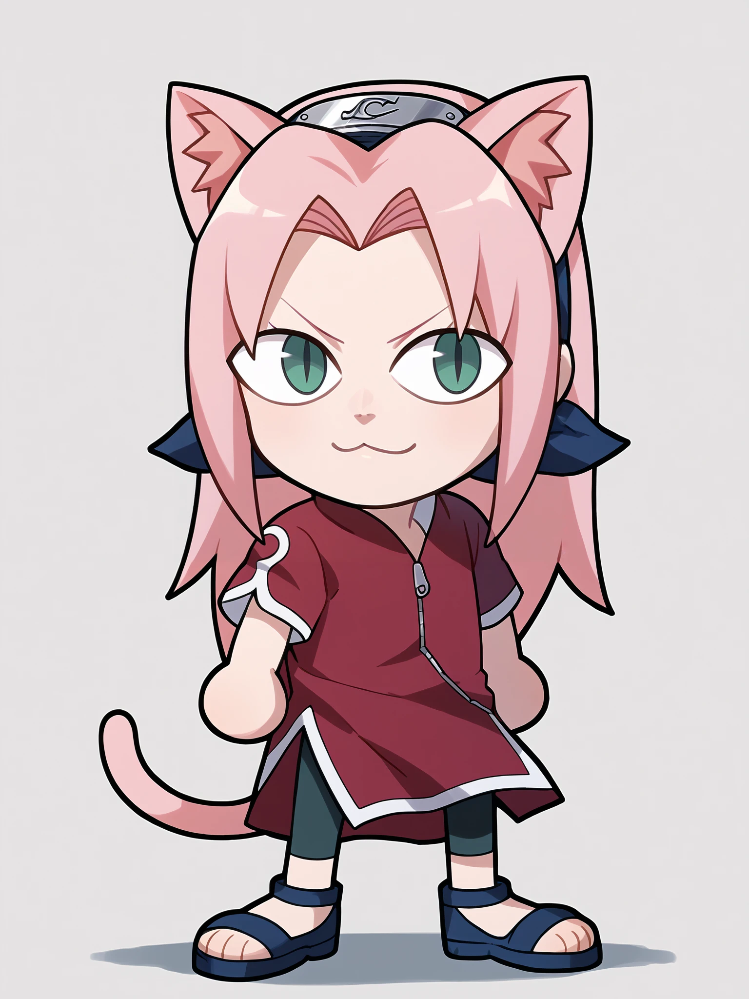 score_9, score_8_up, score_7_up, BREAK,
1girl, necoarc, cat ears,
haruno sakura, pink hair, long hair, green eyes, red shirt, red qipao , zipper, short sleeves, bike shorts,
chibi, slit pupils, solo, full body, white background <lora:necoarc-guy-PONY-v1:1>   <lora:SakuraGeninXL:1>