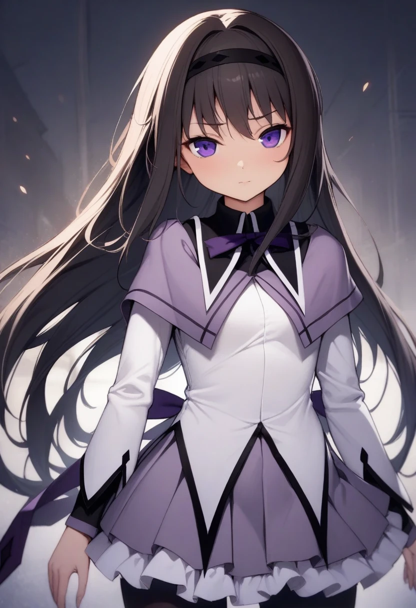 masterpiece,best quality,very aesthetic,absurdres,<lora:akemi_homura:1>,v1girl, akemi_homura, black_hairband, long_hair, photoshop_\(medium\), purple_eyes, ribbon, solo