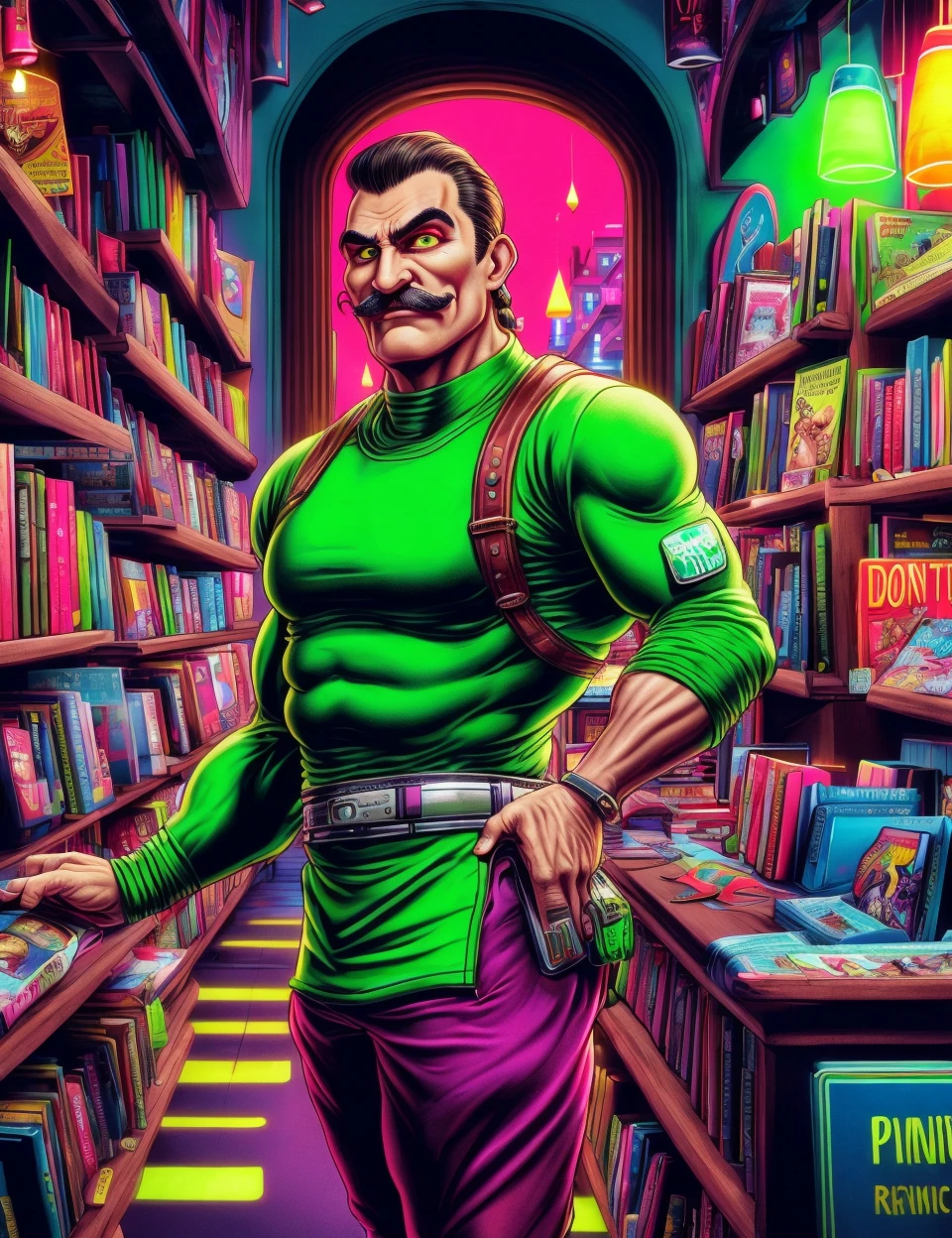 DonMD0n7P4n1c, text "DON'T PANIC!", male senior strong, native american, dark green eyes, nostril flared nose, protruding chin with cleft, high jawline, chiseled cheeks, broad forehead, square face shape, petite frame, pencil mustache , light brown cornrows hair, confusion wearing rustred bermuda pants, Compression Tops, ,, leaning back arch, leaning back with an arch, accentuating the body's contours and confidence, neon lighting, vibrant, colorful lights adding a modern and edgy touch to romantic scenes, a lively bookstore, with cozy reading nooks and book lovers browsing the shelves, distribution centers, terracotta,cement board, twilight,outdoor fireplace, downlighting, <lora:DonMD0n7P4n1c:1>