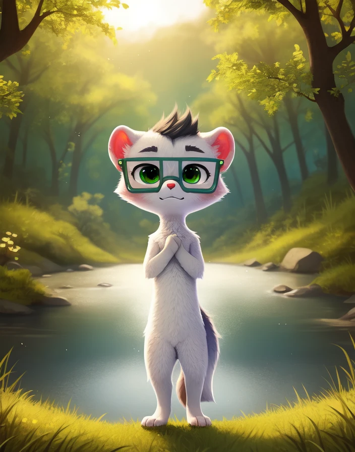  <lora:GoshaWeaselCartoonYif:0.8>    GoshaWeaselCartoon,     solo,   looking at viewer,   ilver fur, green eyes, Weasel, square dark green glasses, Nude,
(beautiful, aesthetic, perfect, delicate, intricate, masterpiece, )  textured fur, [The sun is shining, nature, forest, river, trees, grass, road, sky with clouds,]  chibi
by asnnonaka, by reysi, by ikiki  by silverfox5213,