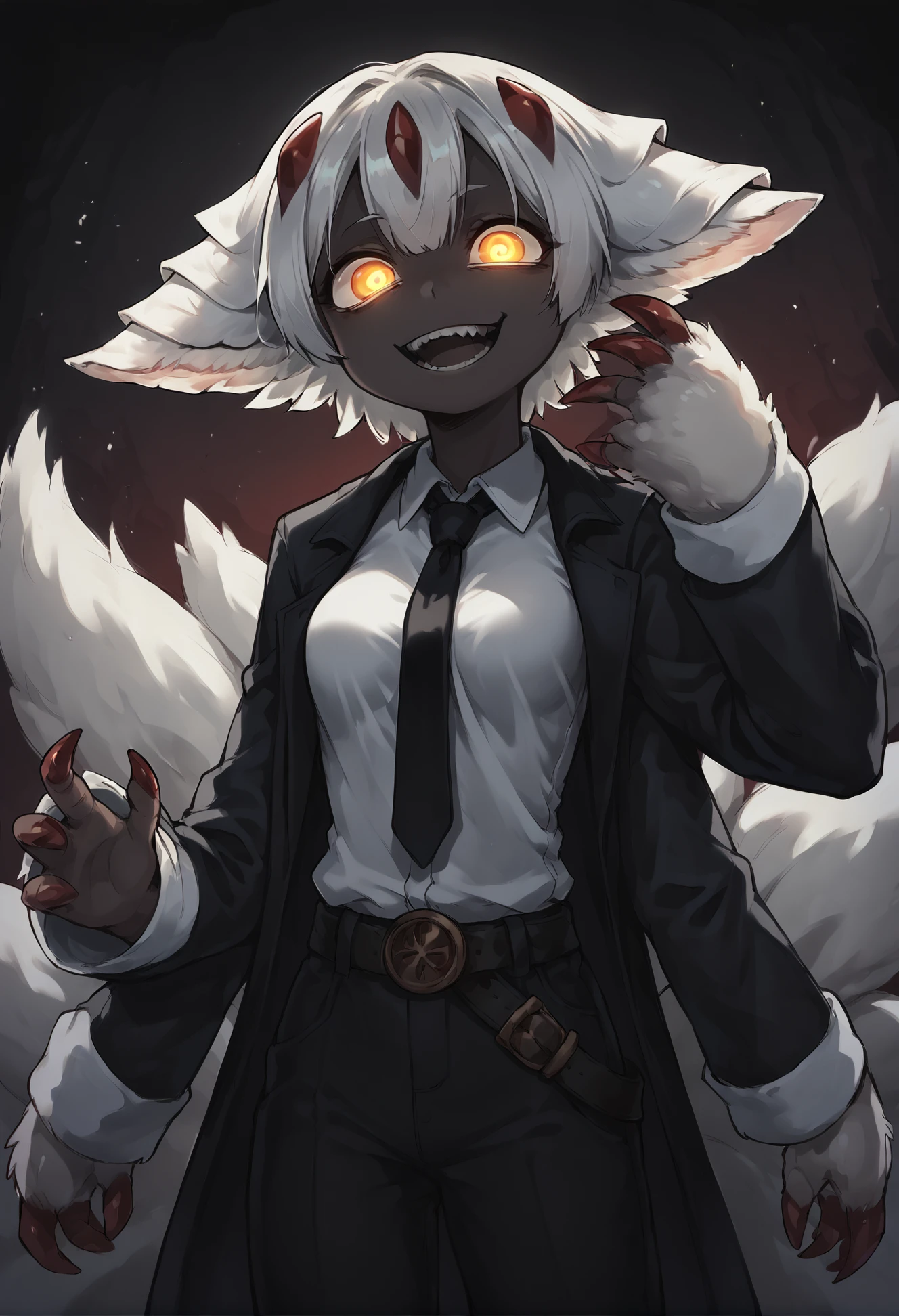(score_9, score_8_up), score_7_up, score_6_up, score_5_up, score_4_up, Faputa, 1girl, dark skin, dark-skinned girl, white hair, short hair, 4arms, red claws, multiple tails, yellow eyes, yawning, white fur, animal ears, smug, medium breasts, black coat, long coat, open coat, white shirt, black necktie, black pants, belt, dark background, creepy, horror \(theme\), grain, red background, smile, looking at viewer, ((ringed eyes)), glowing eyes, <lora:Smooth Night Style SDXL_LoRA_Pony Diffusion V6 XL:0.8> dark theme, low light,, <lora:Faputa_XL_Pony_Revision:1>