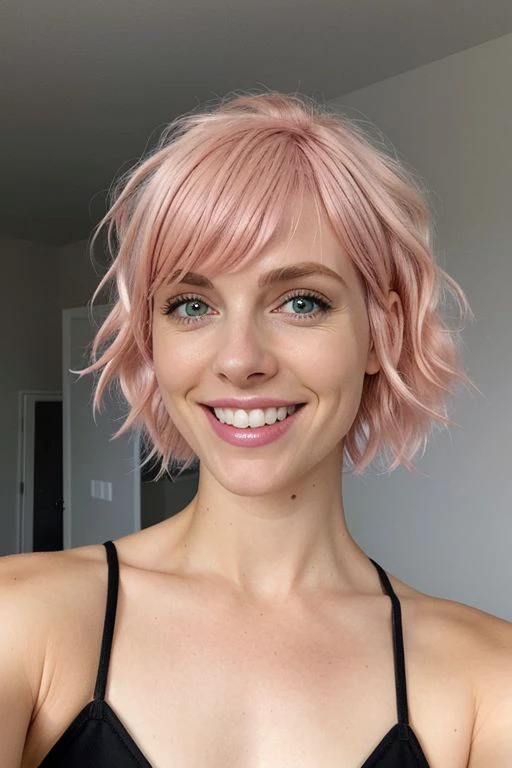 Take a realistic amateur RAW photo of a mid-twenties woman with a slightly rounded face, small breasts, and a flat chest. She has soft (((pink hair))) styled in a shaved pixie cut, with messy hair, looking at the camera with a genuine wide smile showing her teeth. Her eyes are natural, clear blue and green, with a perfect eyes effect. She is wearing a plain matte black tight cotton dress with thick straps, set in a dark bedroom with black bedsheets, indoors during nighttime with soft warm lighting from lamps. Use a 50mm lens for the photo. The background should be mostly dark as the wallpapers are a deep grey. The lamps and fairy lights are the only source of light in the room.