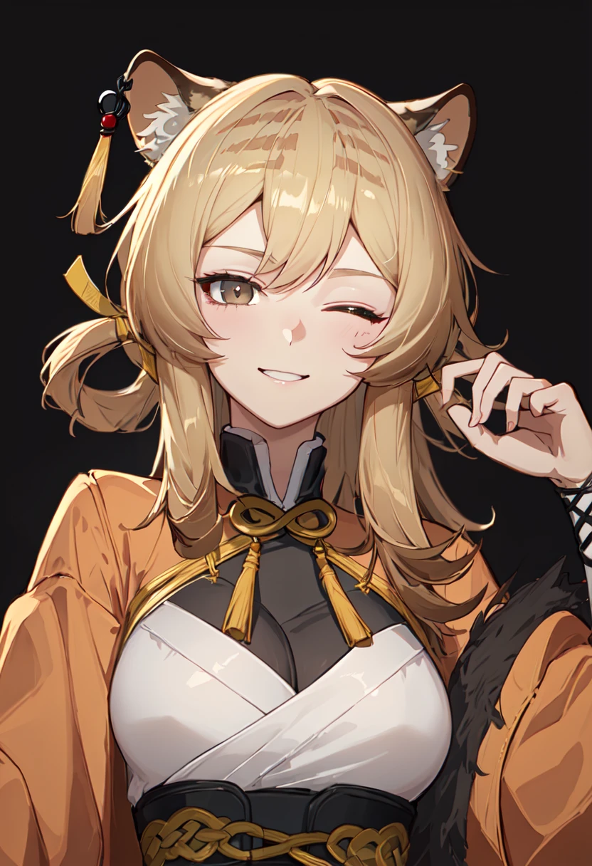 best quality, masterpiece, highres, solo, (du_yaoye_arknights:1.10), smile, happy, one eye closed, portrait, looking at viewer, 26 <lora:du_yaoye_arknights:0.80>