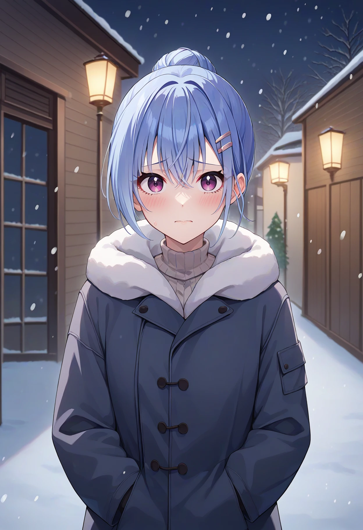 score_9, score_8_up, score_7_up, source_anime, 1girl, suzuki hana, blue hair, single hair bun, hairclip, purple eyes, winter clothes, coat, looking at viewer, embarrassed, night, outdoors, snowing <lora:brj-hana-pony-v0.5:1>