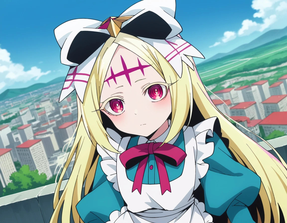 score_9, score_8_up, score_7_up, source_anime,
morinokorisu, <lora:morino-korisu-ponyxl-lora-nochekaiser:1>
nero alice, long hair, blonde hair, red eyes, bow, hair bow, pink eyes, facial mark, forehead mark,
long sleeves, dress, ribbon, apron, white apron, puffy sleeves,
outdoors, cityscape,
looking at viewer, dutch angle, cowboy shot