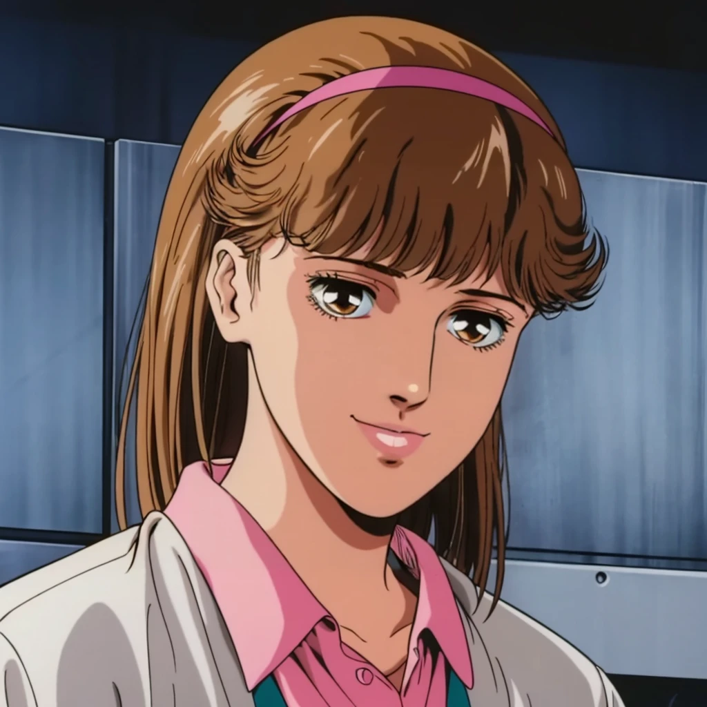 <lora:MZ2TakanakaYui001:0.7>,looking at viewer,smile,
solo,
MZ2TakanakaYui,1girl,brown hair,brown eyes,retro artstyle,1980s (style),
hair band,
pink shirt,white jacket,