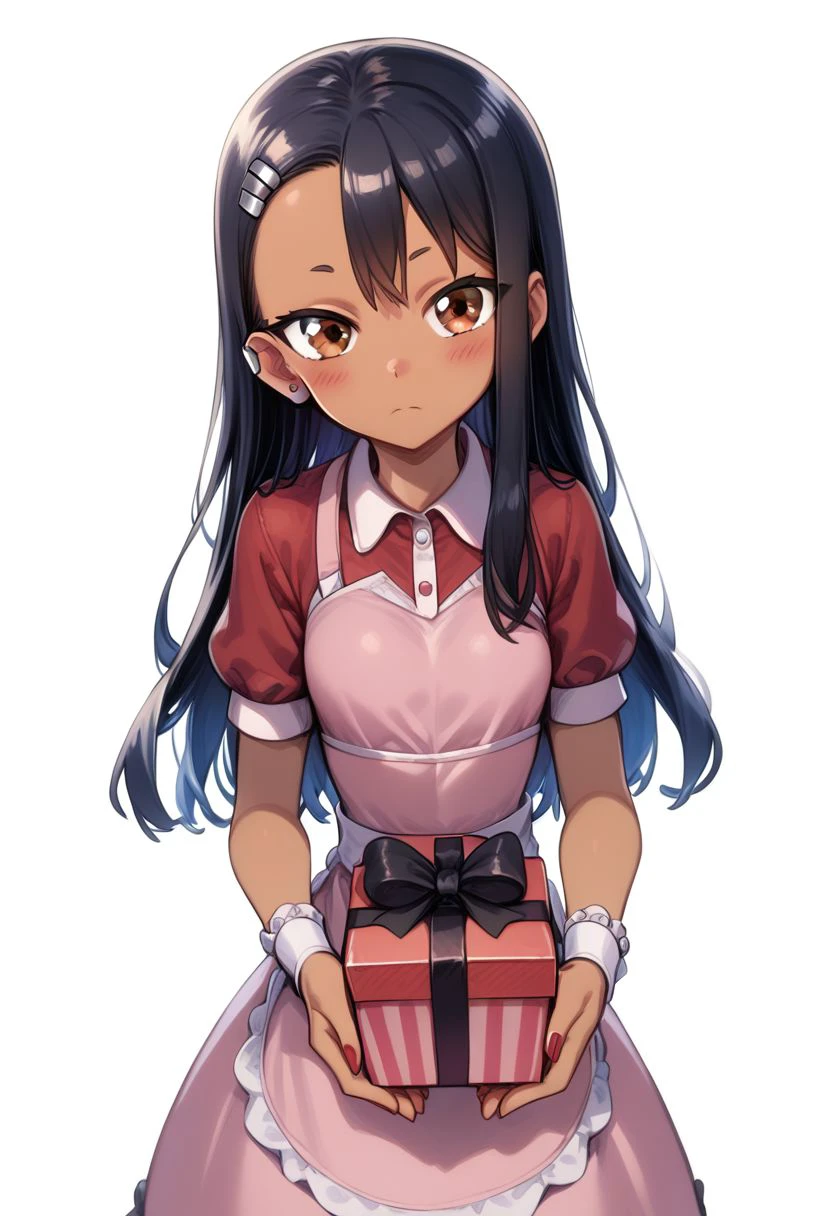 score_9, score_8_up, score_8, cute, eyelashes, 
nagatoro hayase, brown eyes, hair ornament, dark-skinned female, dark skin, long hair, blush, box, closed mouth, commentary request, creatures (company), dress, earrings, eyelashes, game freak, gift, gift box, holding, holding gift, jewelry, looking at viewer, nail polish, nintendo, pink dress, red shirt, shirt, short sleeves, waist apron, wrist cuffs