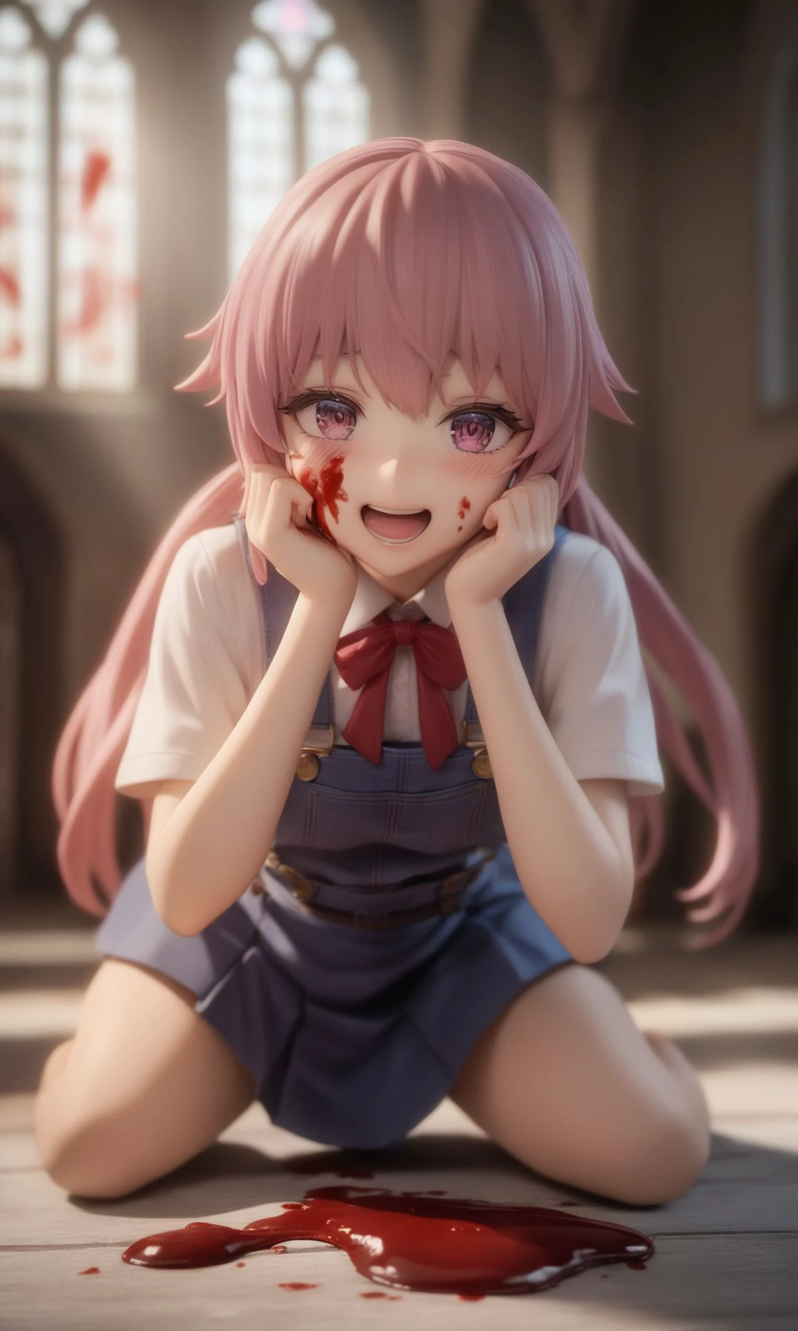 1girl,solo,gasai_yuno,(hands on own cheeks),(looking at viewer),(blood splatter),church,school uniform,on ground,Blood on the face,, <lora:gasai_yuno XL-000007:1>,laughing,blush,masterpiece,best quality,very aesthetic,absurdres, surreal,amazing quality,masterpiece,best quality,awesome,inspiring,cinematic composition,soft shadows,Film grain,shallow depth of field,highly detailed,high budget,cinemascope,epic,OverallDetail,color graded cinematic,atmospheric lighting,imperfections,natural,shallow dof,best quality,masterpiece,realistic,HDR,UHD,8K,absurdres,realistic