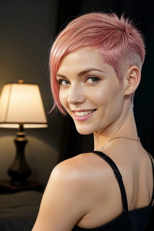 Take a realistic amateur photo of a mid-twenties woman with a slightly rounded face, small breasts, and a flat chest. She has medium length (((pink hair))) styled in an (((asymmetric shaved pixie cut))), looking at the camera with a genuine wide smile showing her teeth. Her eyes are natural, clear blue and green. She is wearing a plain matte black tight cotton dress with thick shoulder straps, set in a dark bedroom with black bedsheets, indoors at night with soft warm evening romantic lighting from lamps that are not visible. The background should be mostly dark as the wallpapers are a deep grey. The lamps and fairy lights in the background are the only source of light in the room. Overall the image has a warm tint and dynamic contrast. The mood is seductive and erotic. (((WARM LIGHTING)))