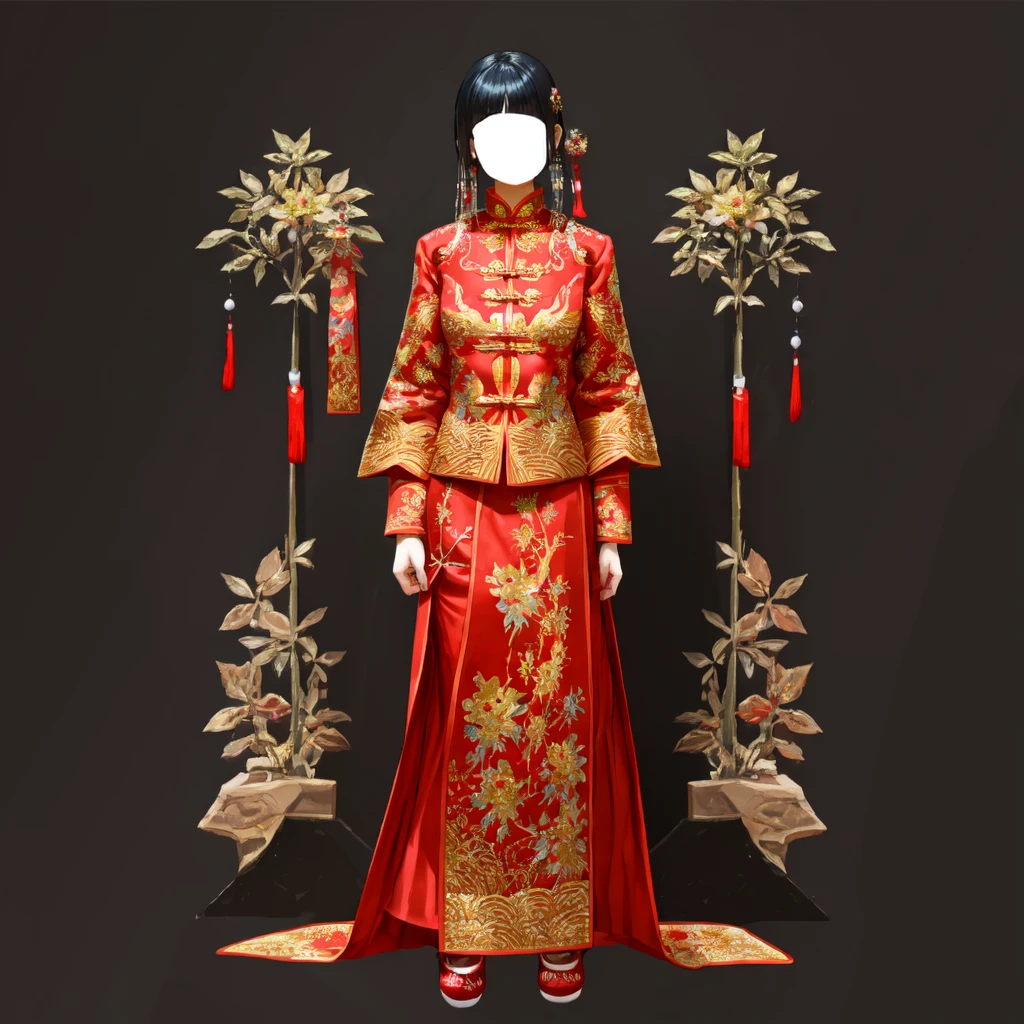 masterpiece, watercolor, Impasto,
JIAYI55, JYAYIQS25, fisting,
1girl, solo, chinese clothes, red mary janes, red dress, long dress,
black hair,very long hair, hair ornament,
(standing), (full body),
two-tone background, simple background,
faceless, faceless female,