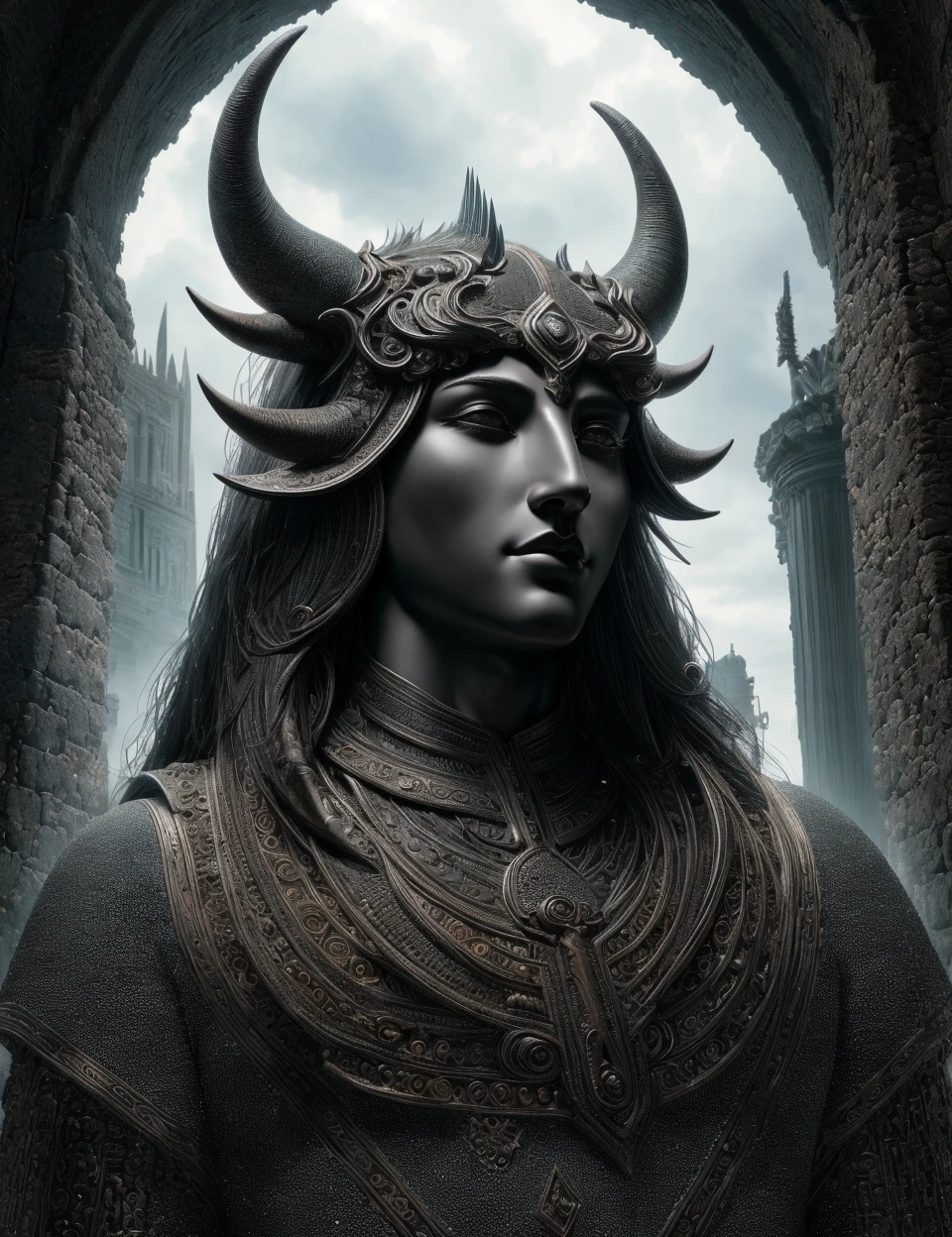DonM1r0nF1l1ng5, dark elf, supernatural demon,anthropomorphic and zoomorphic features, ancient semitic canaanite, storms, bull's head, horns, troposphere,engineered,unorthodox,nature,design-driven,efficient,petrochemical,time,inexplicable , <lora:DonM1r0nF1l1ng5-000008:0.7>