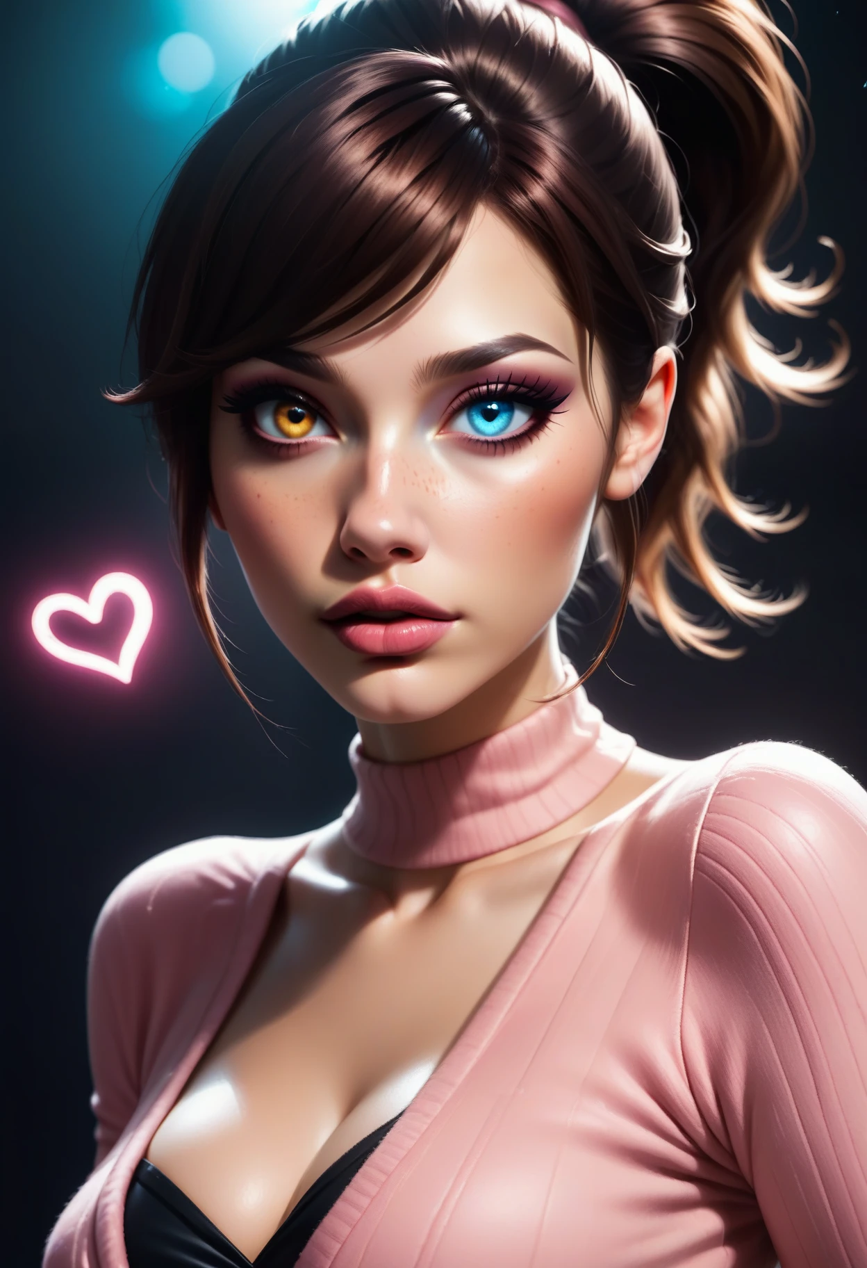 score_9, score_8_up, score_7_up, score_6_up, score_5_up, score_4_up 1girl, simple background, brown hair ponytail, swept bangs, pink sweater, cleavage, black yoga pants, elegant, beautiful, freckles, realistic, heterochromia, beautiful eyes, up close, dark shadows, night background, neon hearts lights dark, chiaroscuro, low-key <lora:SDXLCAF-000010:0.7> cigarettesaftersex