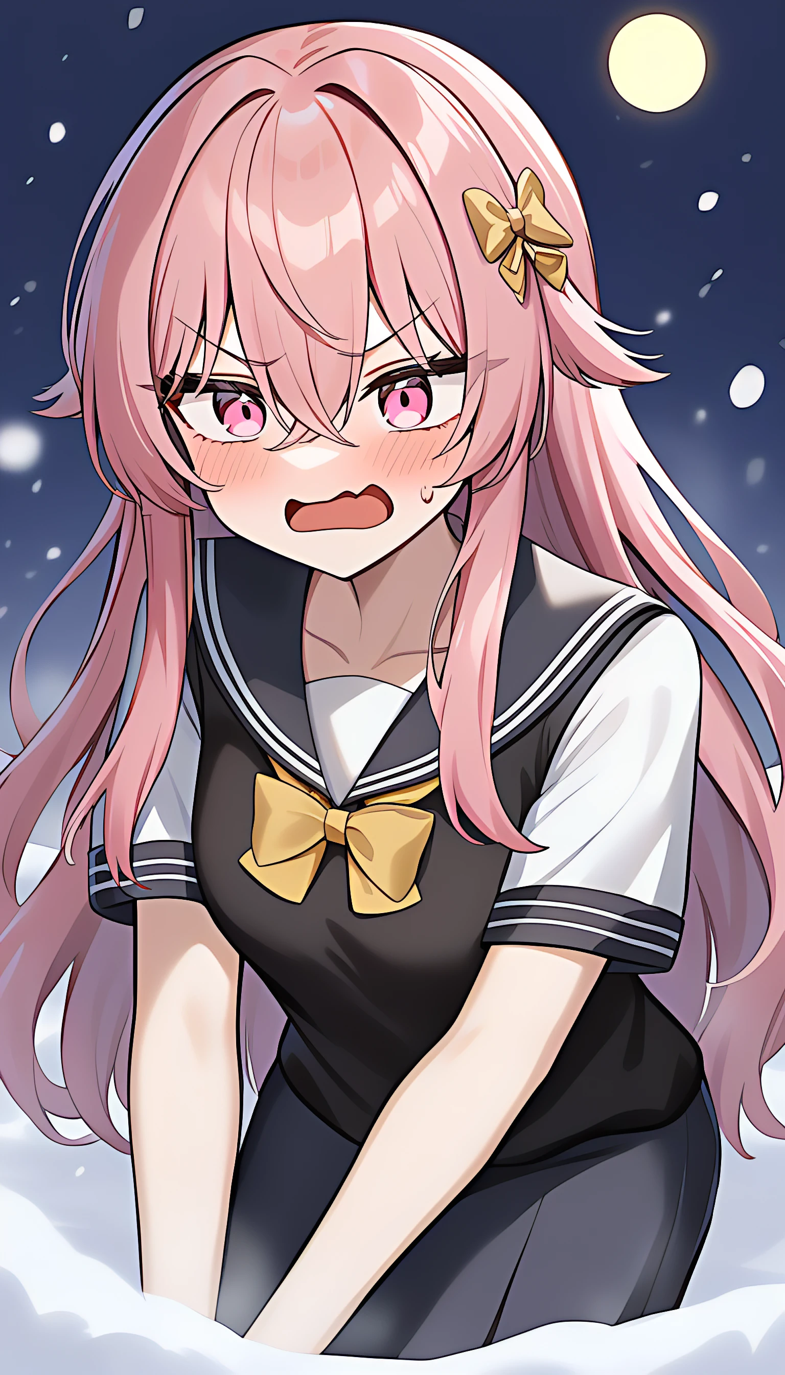 masterpice, best quality,nsjn,1girl,solo,long hair,bangs,shirt,grimacing expression,hair ornament,bow,hair between eyes,collarbone,white shirt,pink hair,short sleeves,pink eyes,sailor collar,yellow bow, sweater vest,black vest,holding hairplaying in the snow,,frabjous day background,lunar eclipse,alluring