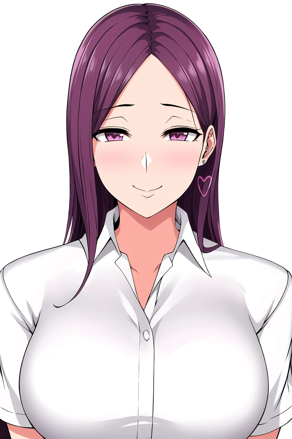 Simple White Background,
dynamic pose,standing at attention,
white shirt,collared shirt,pleated skirt, short sleeves,
<lora:Yukina_Sasaki_Imaizumin-KK77-V2:0.7>,jewelry,heart earrings,
purple eyes, purple hair,long hair,bangs,
<lora:Oda_Non_Style-KK77-V2:0.3>,<lora:more_details:0.3>,<lora:Yukina_Sasaki_Imaizumi-KK77-V1:0.3>,
1 girl, 20yo,Young female,Beautiful long legs,Beautiful body,
Beautiful Nose,Beautiful character design, perfect eyes, perfect face,expressive eyes,perfect balance,
looking at viewer,(Focus on her face),closed mouth, (innocent_big_eyes:1.0),(Light_Smile:0.3),
official art,extremely detailed CG unity 8k wallpaper, perfect lighting,Colorful, Bright_Front_face_Lighting,White skin,
(masterpiece:1.0),(best_quality:1.0), ultra high res,4K,ultra-detailed,
photography, 8K, HDR, highres, absurdres:1.2, Kodak portra 400, film grain, blurry background, bokeh:1.2, lens flare, (vibrant_color:1.2),professional photograph,
(Beautiful,large_Breasts:1.4), (beautiful_face:1.5),(narrow_waist),