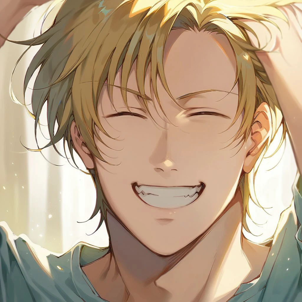 score_9, score_8_up, score_7_up, ash lynx, 1boy, solo, 1boy, blonde hair, closed eyes, (white t-shirt:1.0), short sleeves, close-up portrait, looking at viewer, happy, teeth, heaven, nori