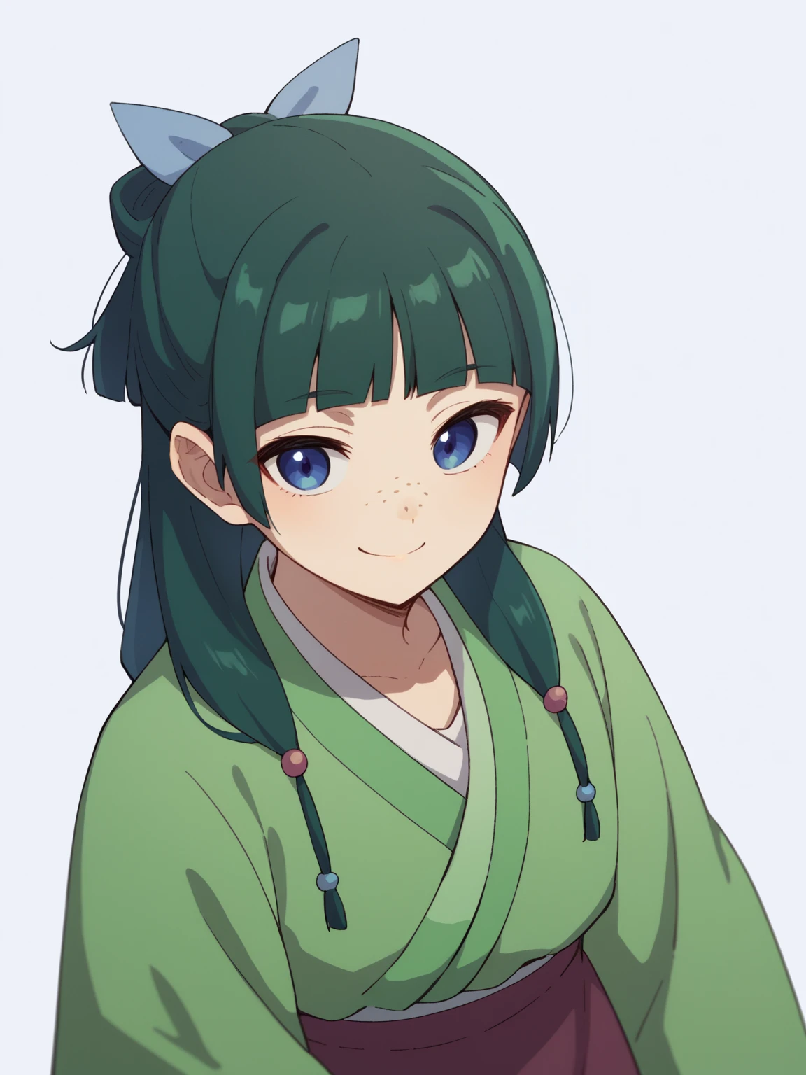 score_9, score_8_up, score_7_up, score_6_up, score_5_up, score_4_up, BREAK, source_anime,
1girl, maomao, blue eyes, blunt bangs, freckles, green hair, hair ornament, green japanese clothes, long hair, long sleeves, purple skirt,
smile, upper body, looking at viewer, solo, simple background, white background
<lora:MaoMaoXL:1>