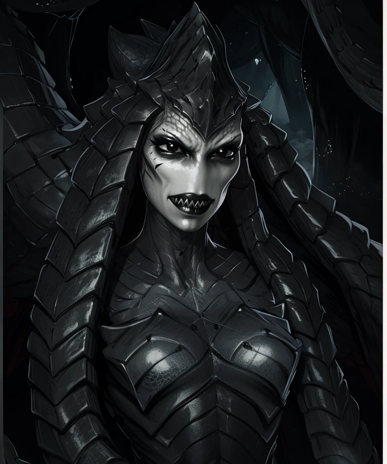 izsha,pale skin,black eyes,
armored skin,black lips,facial mark,
light smile,sharp teeth, scales,
underground,cave,
(insanely detailed, masterpiece, best quality),<lora:Izsha:0.8>,
